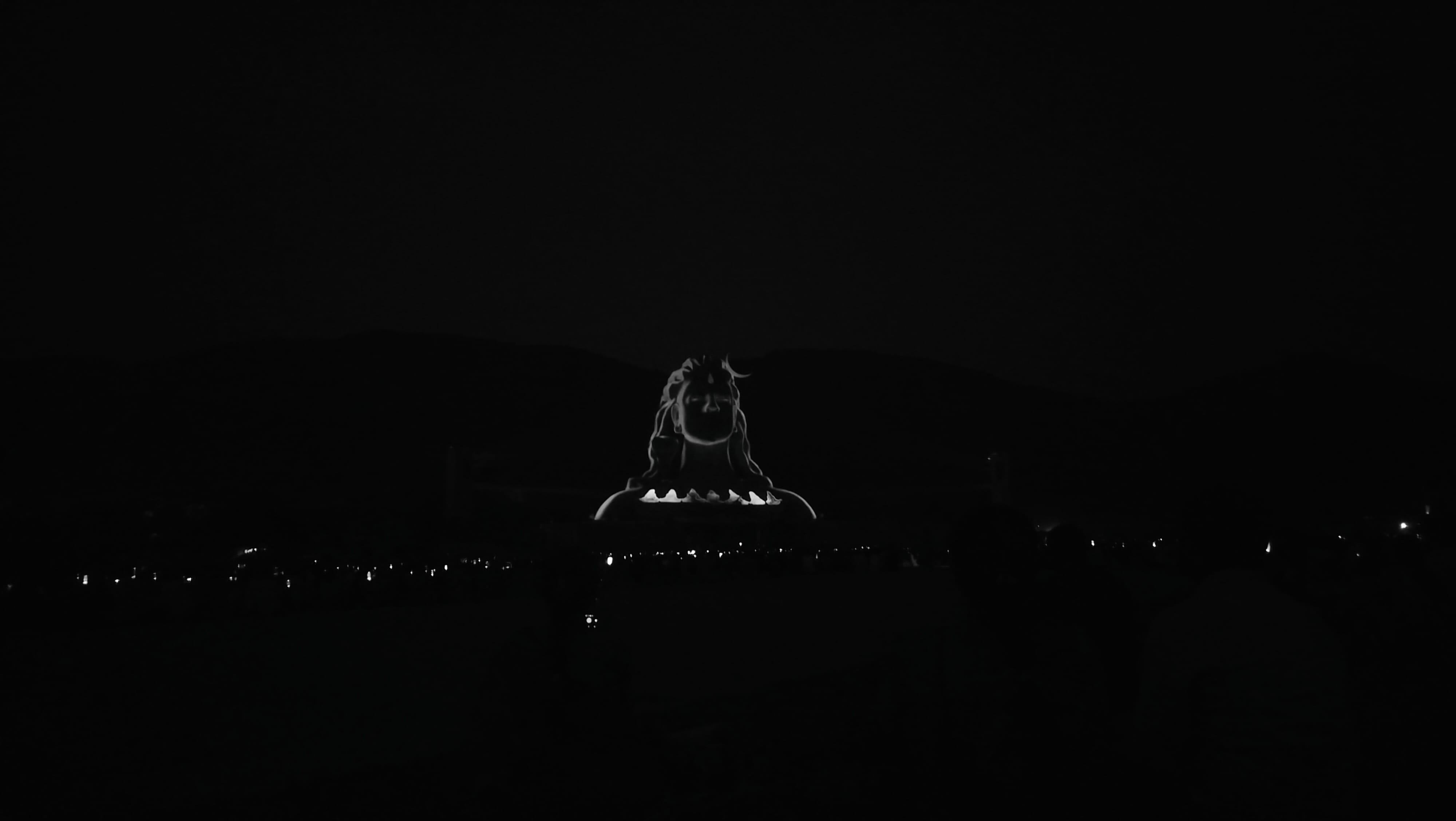 The illuminated Adiyogi Shiva statue against a dark night sky