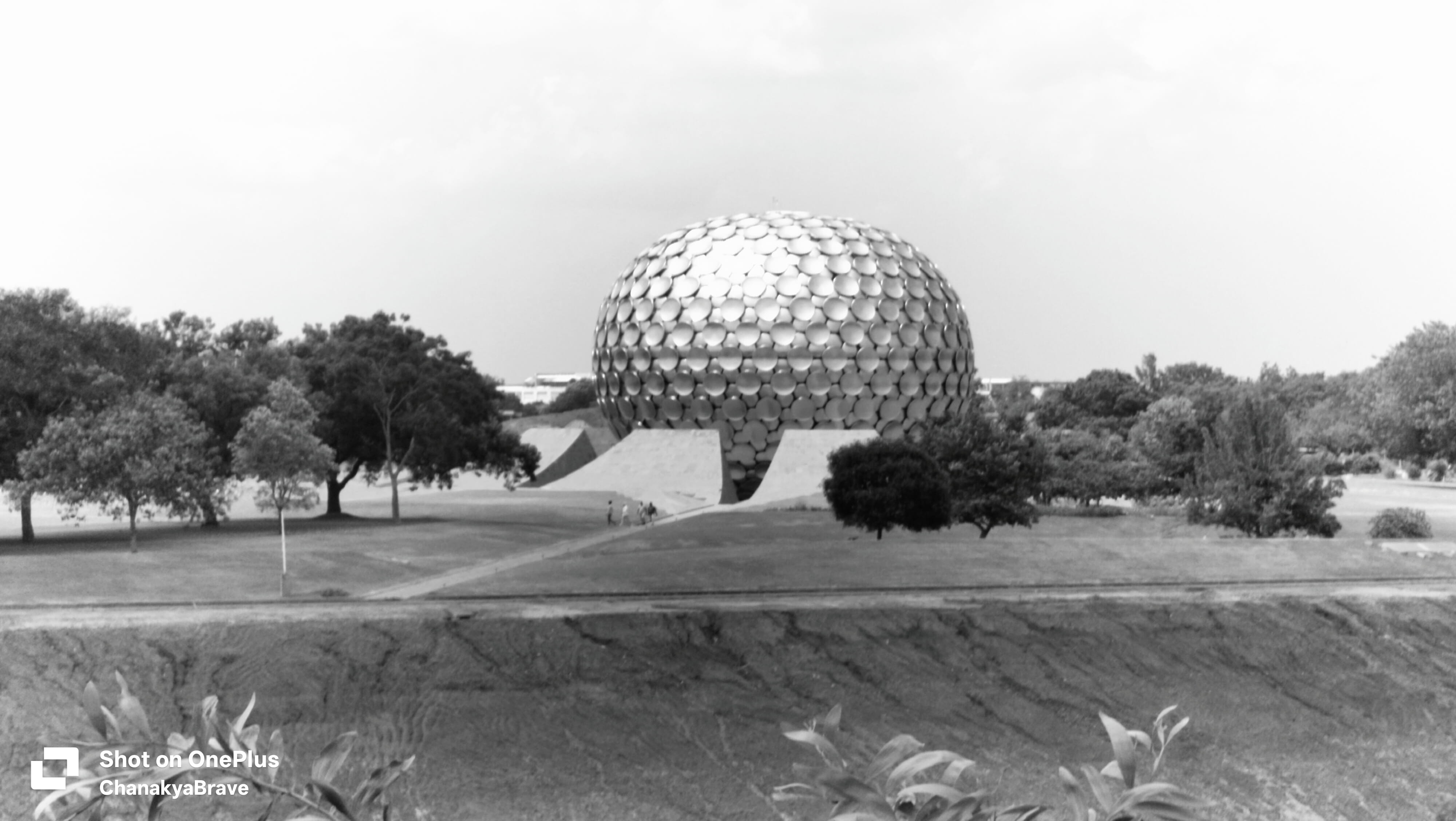The golden geodesic Matrimandir dome surrounded by trees in Auroville