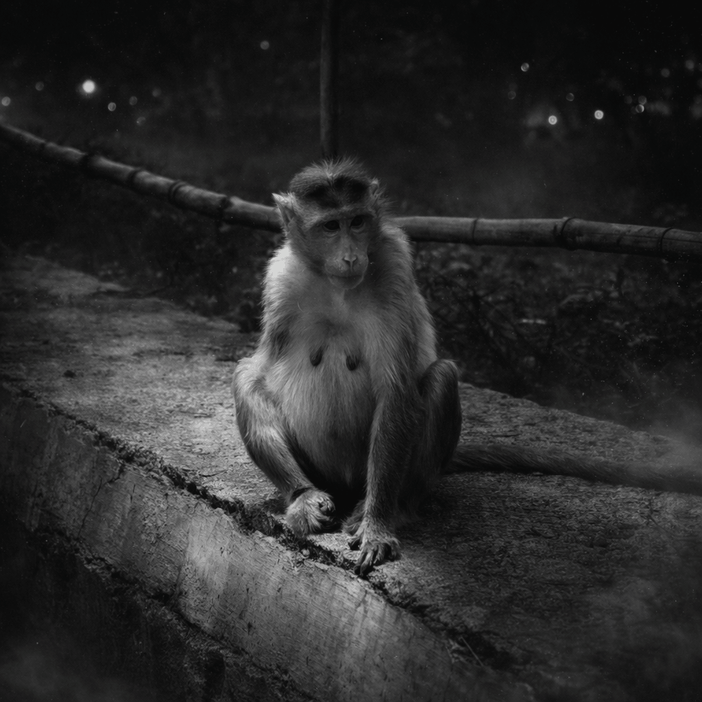 A monkey sitting on a concrete ledge at night with bokeh lights behind